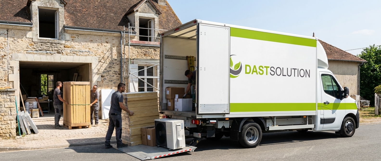 Véhicule de livraison DAST déchargeant du matériel devant un chantier de rénovation
