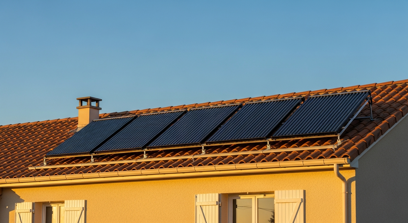 Capteurs solaires thermiques posés en toiture d'une maison individuelle — système solaire combiné