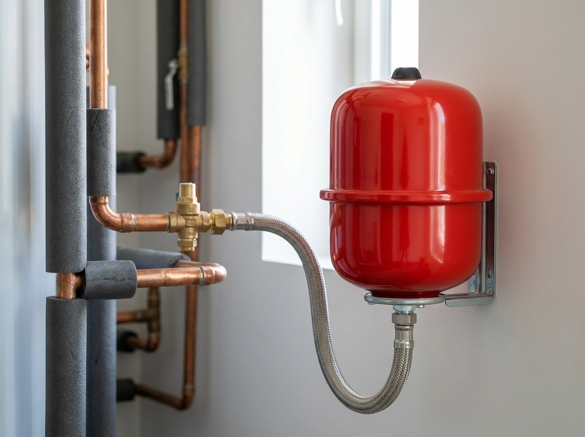Vase d'expansion rouge monté au mur et raccordé au circuit de chauffage d'un local technique